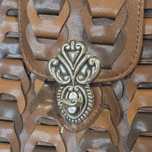 Braided Quality Leather Shoulder Bag Cognac Brown Retro Brushed Silver Closure - Picture 4 of 12